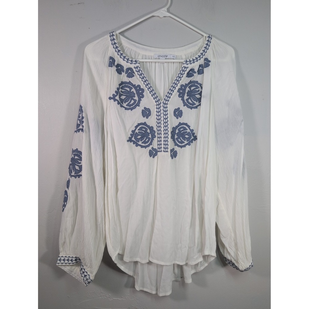 Chicos Womens Size 2 US 8 Large Peasant Top Blouse Embroidered White &Blue